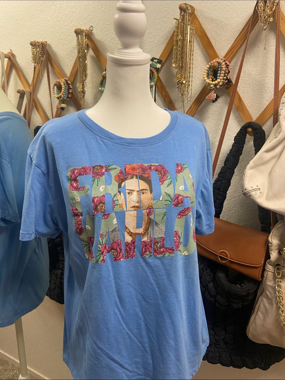 Frida Kahlo Floral Graphic Tee - Light Blue, Large